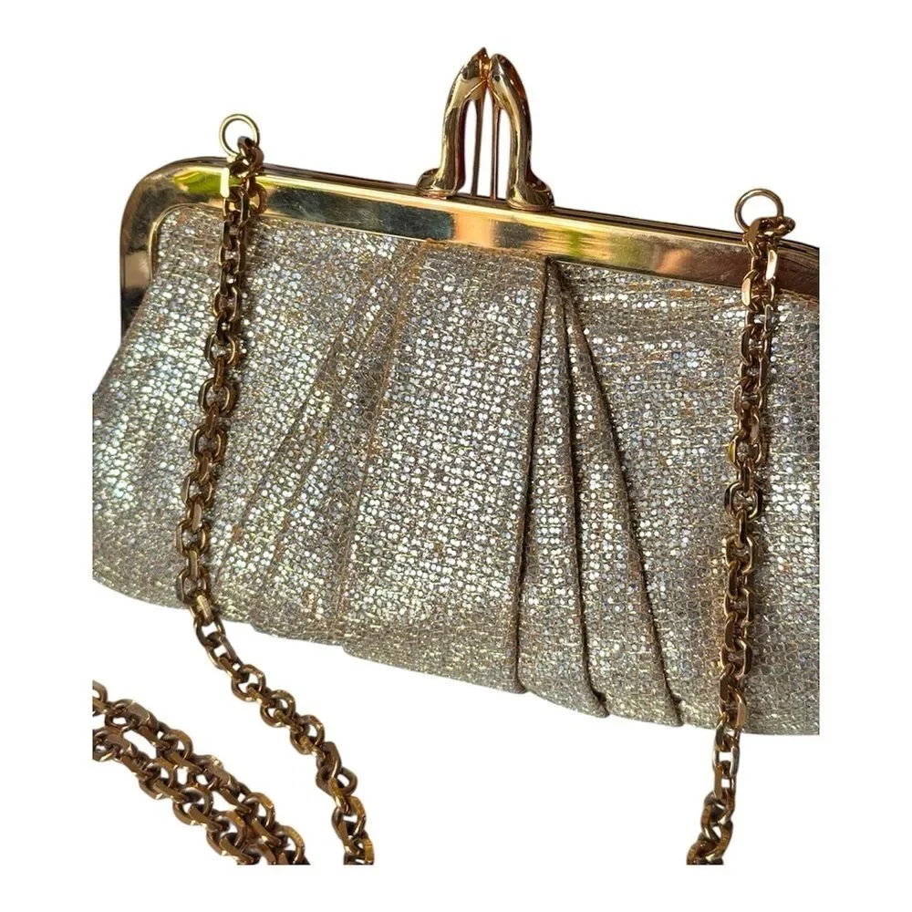 Christian Louboutin Gold Metallic Pleated Clutch Bag Sunburst Crown Frame Luxury